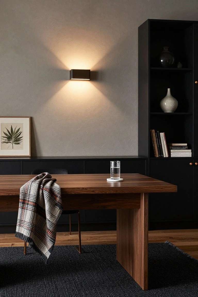 A wooden desk with a plaid throw sits beneath a wall sconce that lights a textured gray wall, with dark built-in cabinetry visible to the right.