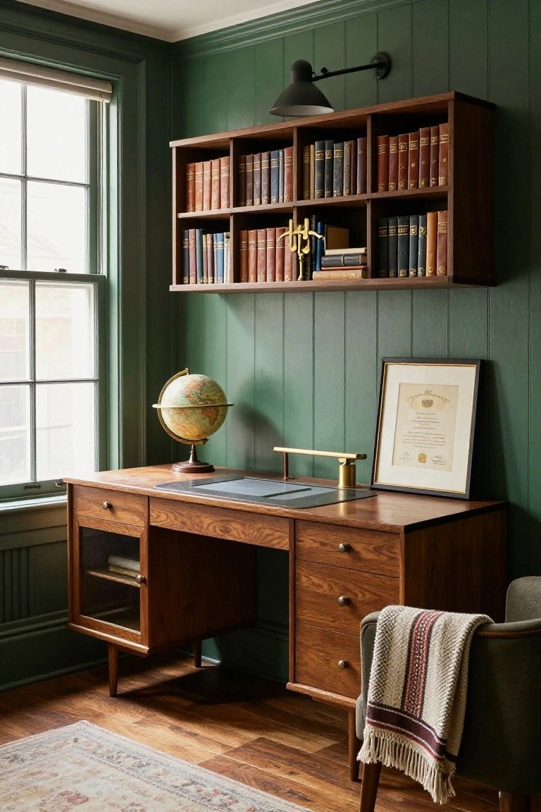 A wooden desk with a wall-mounted bookshelf above it against a green paneled wall in a home office.