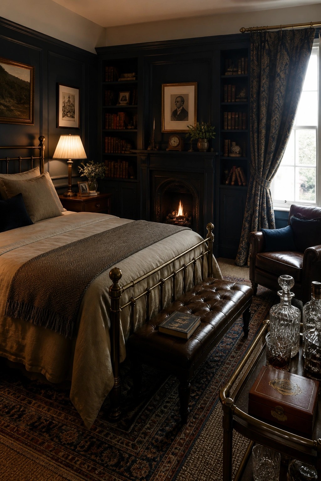 A moody bedroom with dark blue walls, a brass bed, built-in bookshelves flanking a lit fireplace, and a leather bench at the foot of the bed.