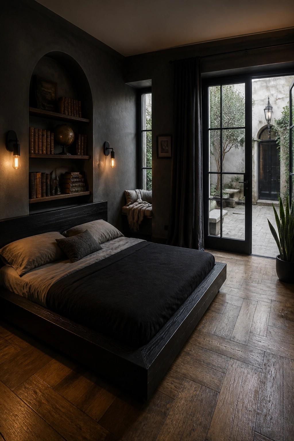 A dark bedroom featuring a low wooden bed with black bedding and an arched built-in bookshelf unit filled with books on the left wall.
