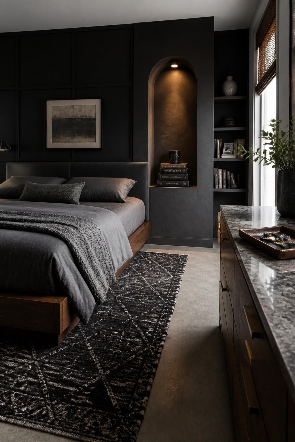 Dark bedroom interior with a wooden bed, black bedding, and an arched recessed niche holding stacked books beside built-in shelves.