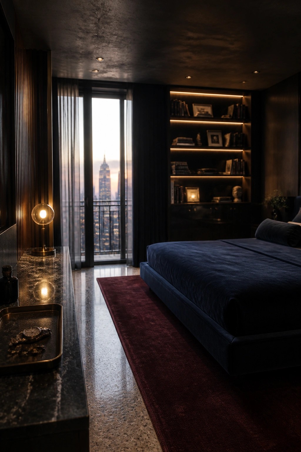 A dimly lit bedroom featuring a large bed with dark blue bedding, a long red rug, built-in illuminated shelves along the right wall, and a city view through glass doors at dusk.