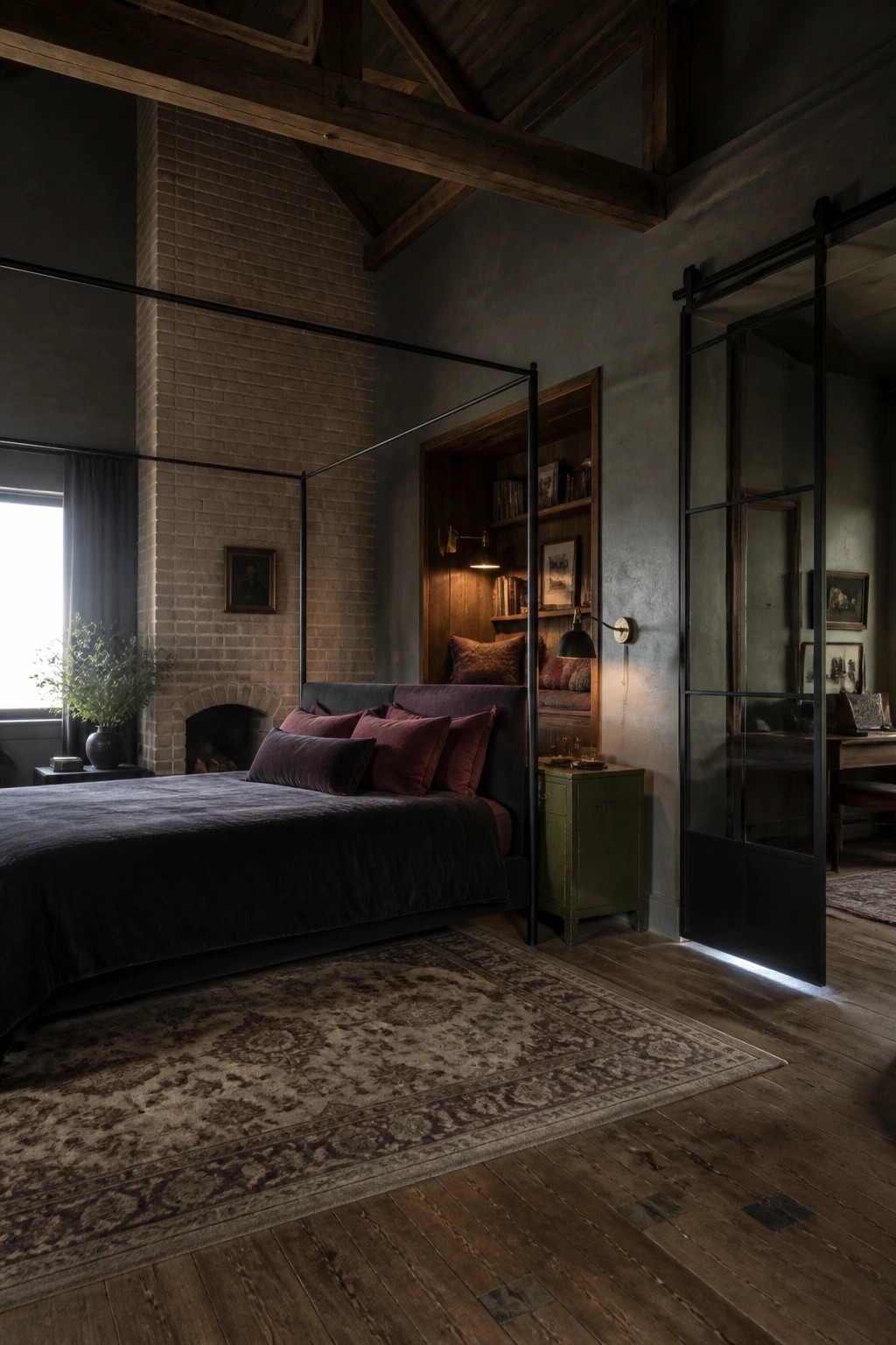 Dark moody bedroom with canopy bed, brick fireplace, wooden beams, and rug.