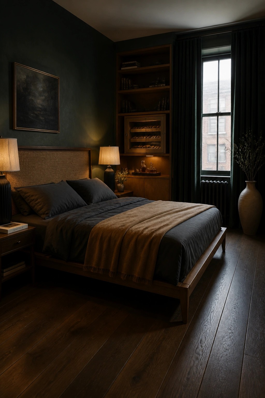 A bedroom with dark green walls, a wooden bed with dark bedding and a brown throw, built-in bookshelves, and a window with dark curtains.