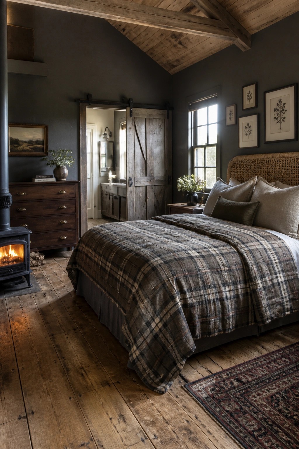 A bedroom with dark gray walls, a large bed covered in plaid bedding, wooden ceiling beams, a wood-burning stove on the left, and a sliding barn door leading to a bathroom.