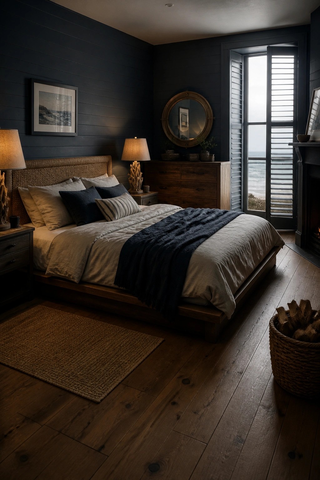 A bedroom with dark navy walls, a low wooden bed with neutral linens and a navy throw, wooden nightstands, a round mirror, and open doors to the ocean.
