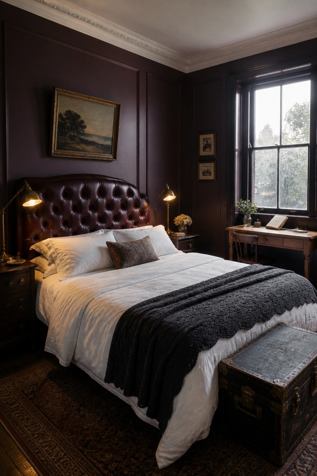 Dark purple bedroom with tufted leather bed, white linens, vintage trunk, and desk.