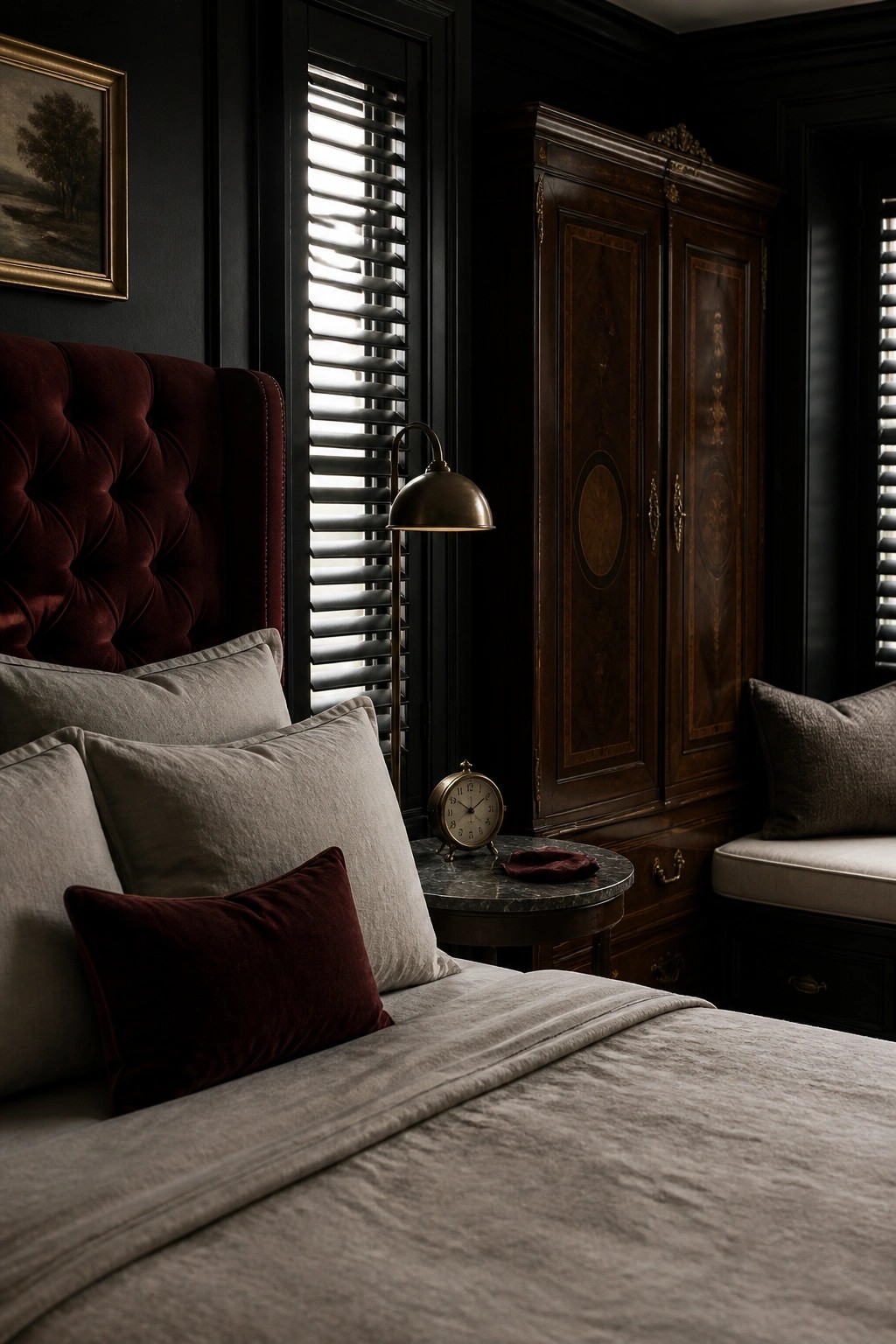 A bedroom interior with dark painted walls, a tall burgundy velvet headboard, gray linens, a marble side table, and a dark wood wardrobe next to shuttered windows.