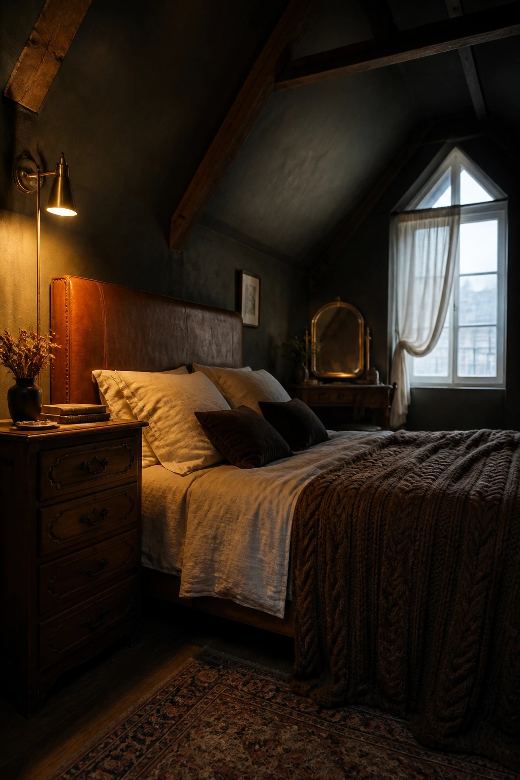 A bedroom with dark walls, exposed wood beams, a brown leather headboard, white and brown bedding, a lit wall sconce above a wooden nightstand, and a window with sheer curtains.