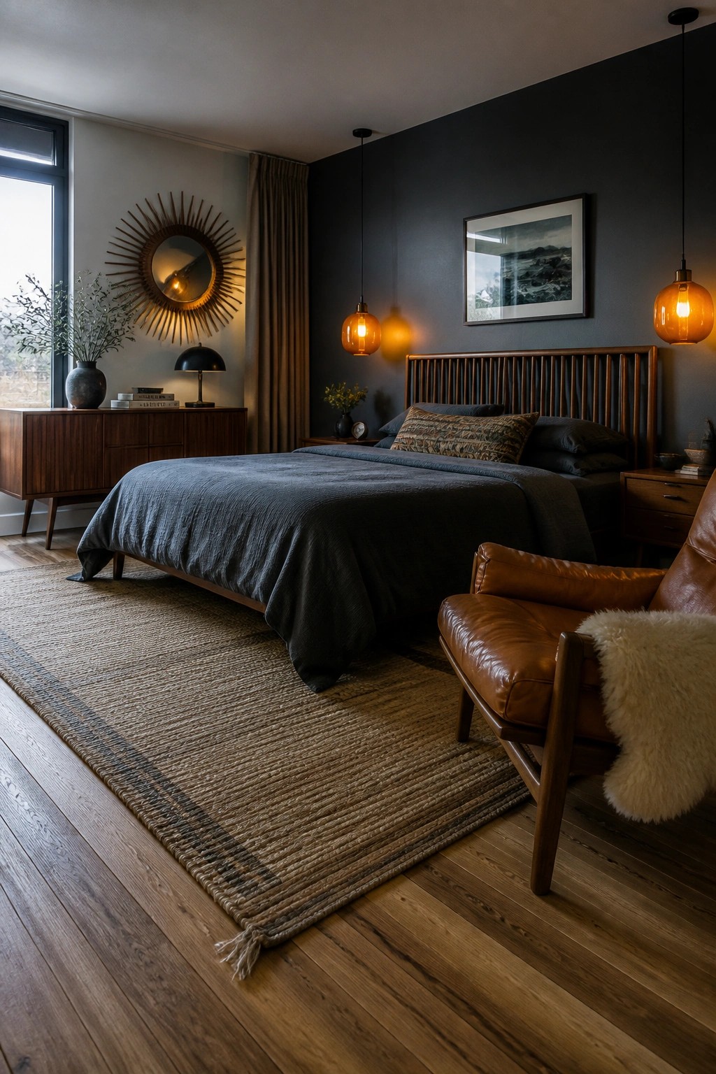 A bedroom with dark gray walls, a large bed with dark bedding, wooden furniture, a brown leather chair, and glowing orange glass pendant lights.
