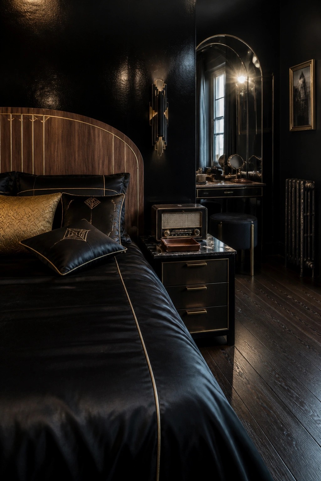 A dark bedroom with black walls, a curved wood headboard trimmed in gold, black satin bedding, a vintage radio on the nightstand, and an arched mirror reflecting a window.