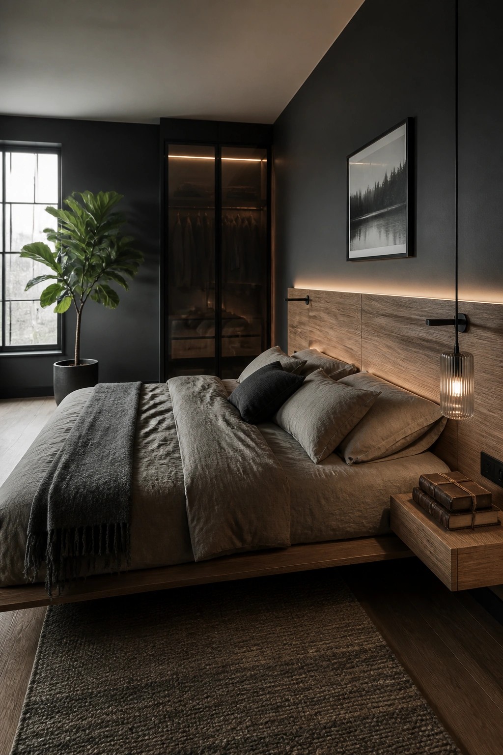 A bedroom with dark gray walls, a low wooden floating bed with gray linens, a tall potted plant near a window, and a glowing pendant light next to the bed.