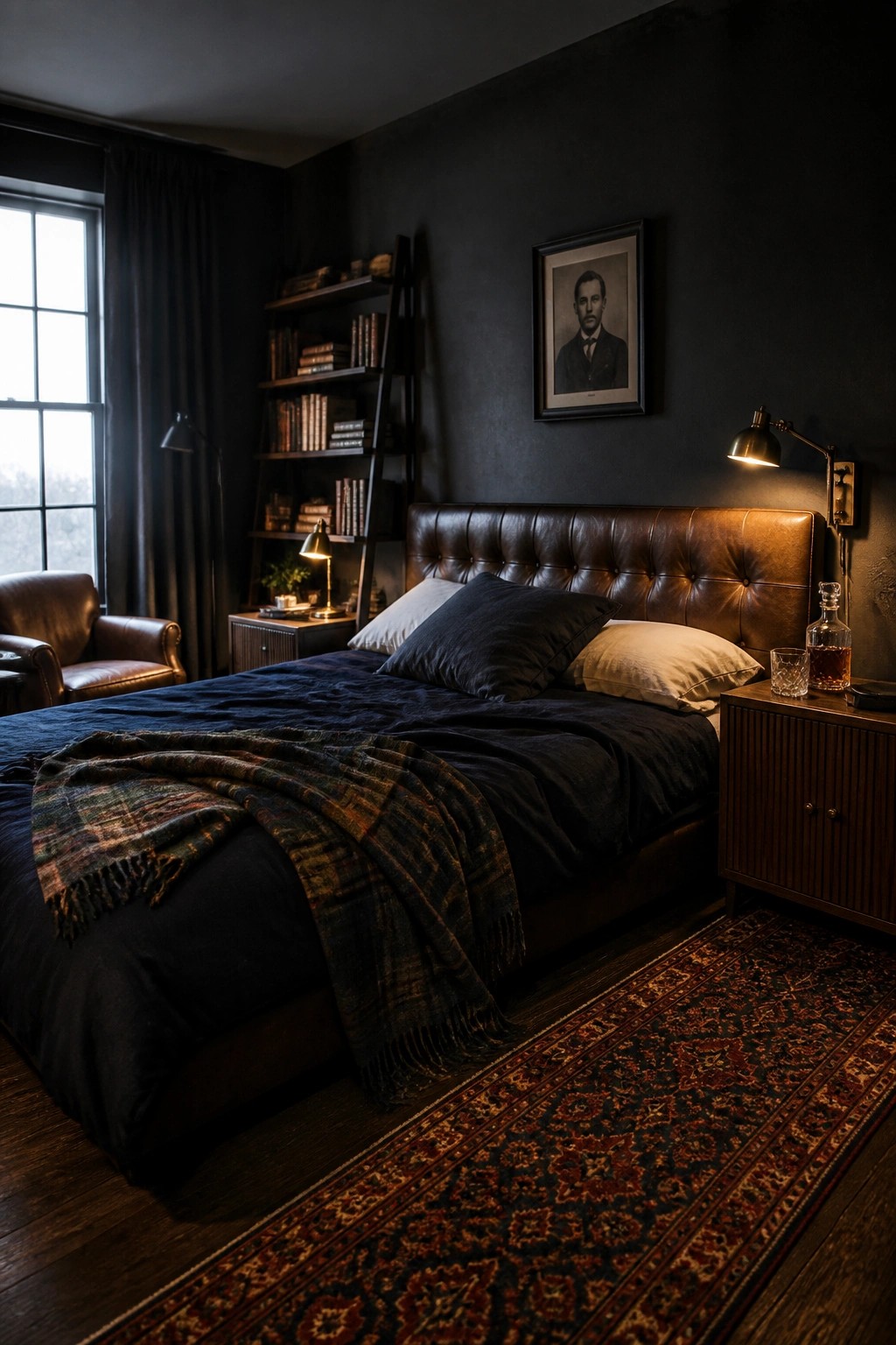 A bedroom with dark charcoal walls, a brown leather bed, a plaid throw blanket, wooden nightstands, and a large patterned rug on the floor.