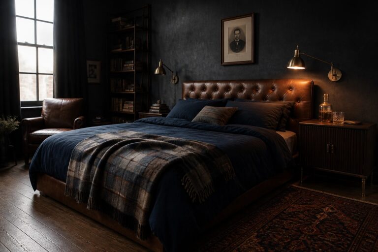 A bedroom with dark charcoal walls, a brown leather bed, a plaid throw blanket, wooden nightstands, and a large patterned rug on the floor.