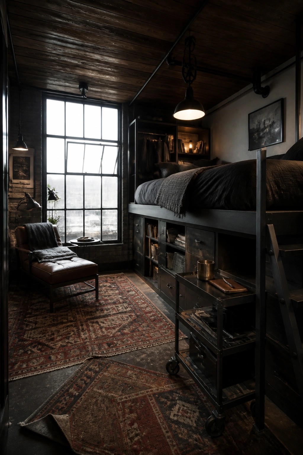 A dark bedroom interior with a black metal loft bed over storage cabinets, a large multi-pane window, a brown leather armchair, and layered patterned rugs on the floor.