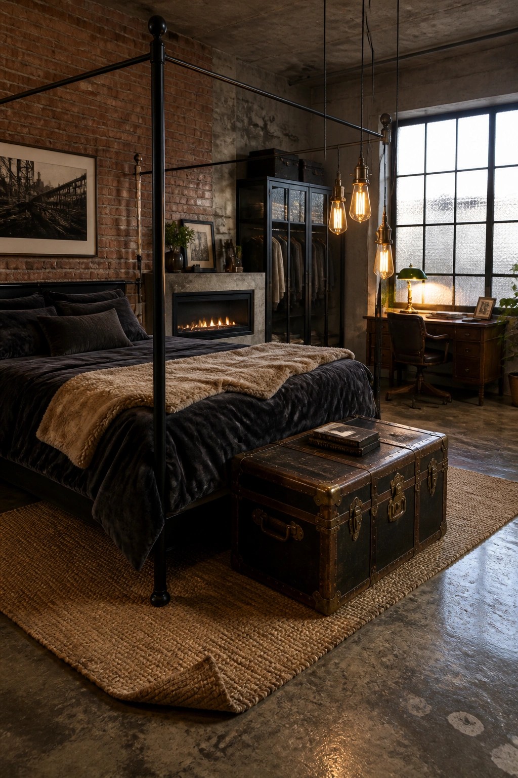 Industrial bedroom with four-poster bed, dark velvet linens, fur throw, and vintage trunk.