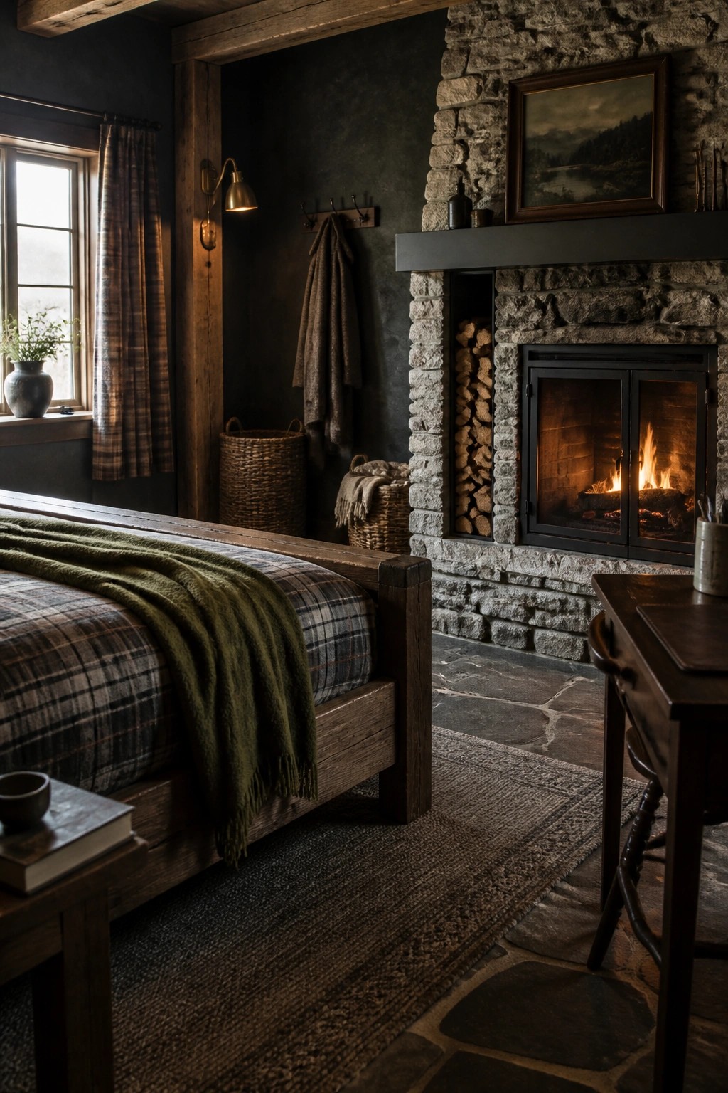 A moody bedroom with a large stone fireplace containing a lit fire, dark wooden bed with plaid bedding and a green throw, and a window on the left side.