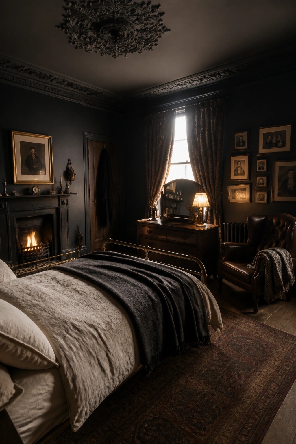 A bedroom with dark blue walls, a brass bed frame, white and gray bedding, a lit fireplace, and a brown leather armchair.
