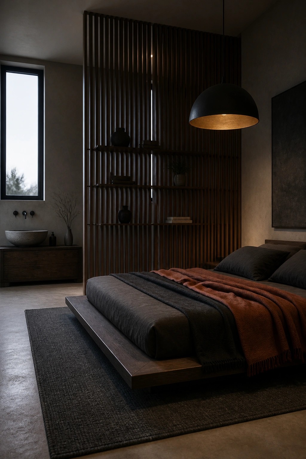 A bedroom with a low platform bed dressed in dark linens and a rust throw, set against a tall vertical wood slat wall with integrated shelves and a large black pendant light overhead.