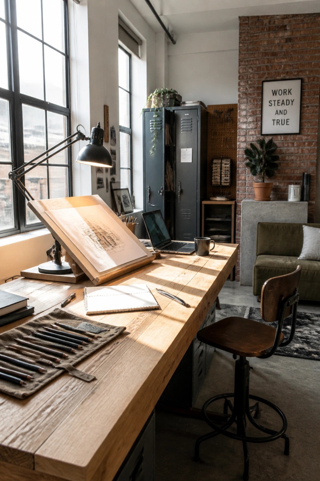 A spacious wooden desk with a laptop, drafting board, and drawing tools sits in front of large windows, with metal lockers and a brick wall visible in the background.