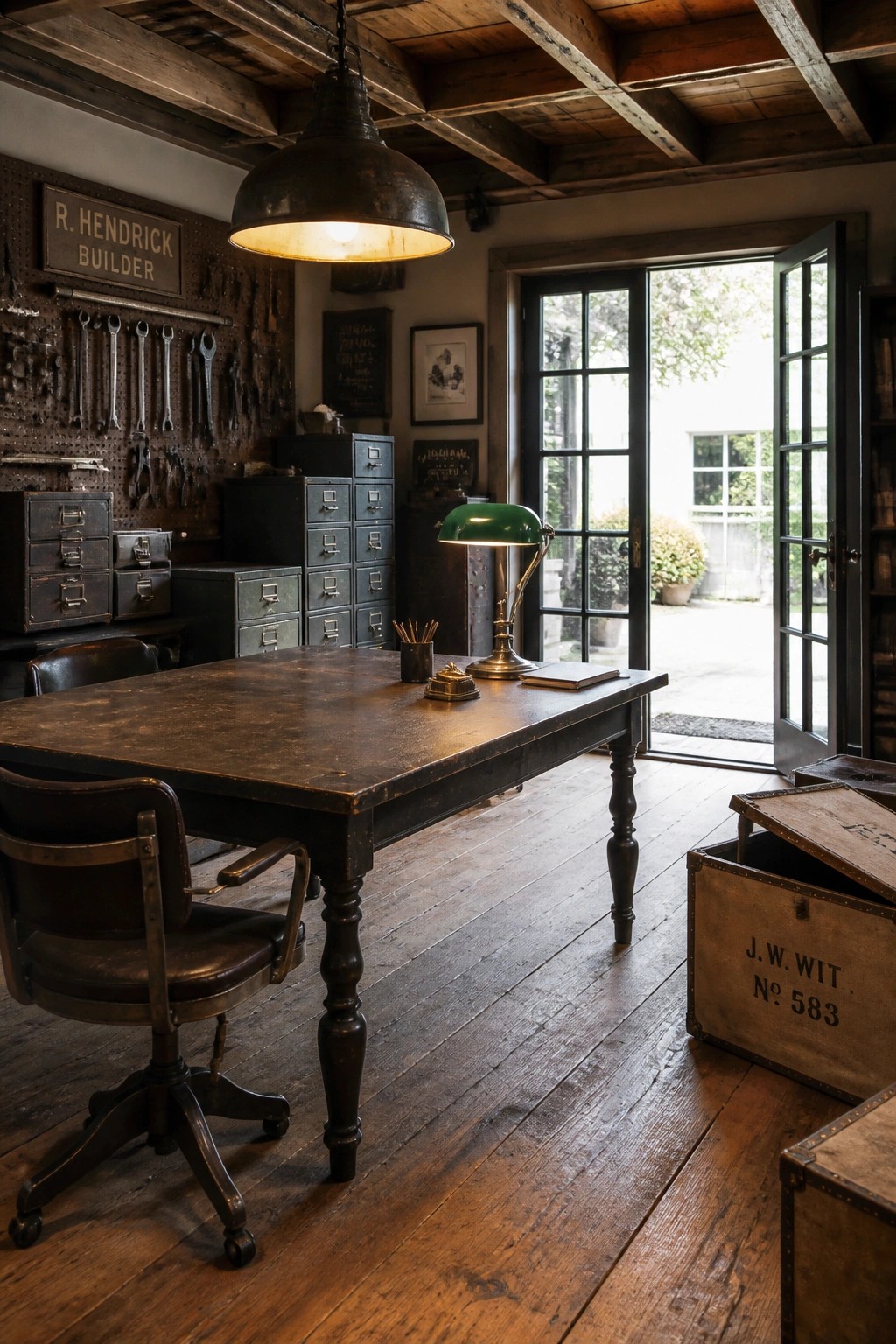 A masculine home office featuring a large wooden desk, vintage leather chair, and a pegboard wall displaying tools beside filing cabinets.