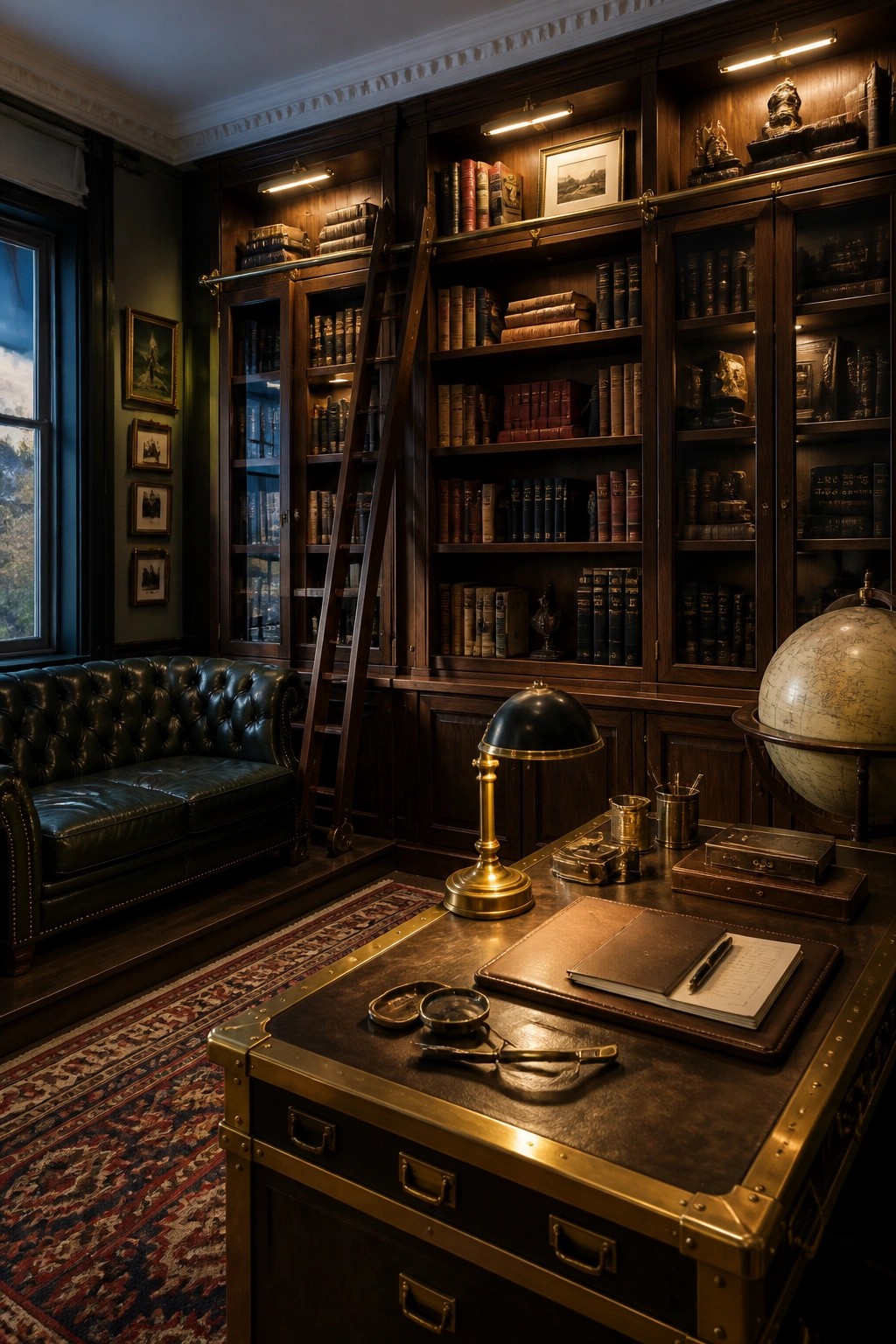 Dimly lit luxury library with dark wood shelves, leather sofa, and antique desk