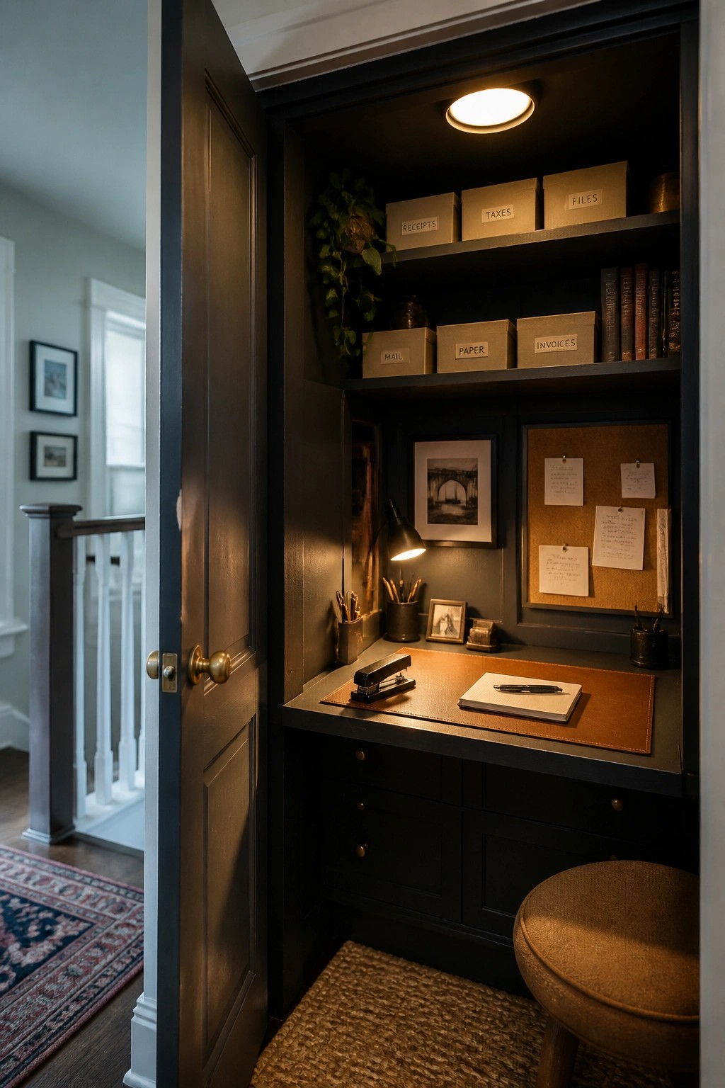 A dark built-in closet office with upper shelving for labeled storage boxes, a desk surface with a stapler and notebook, a corkboard on the back wall, and a round stool in front.