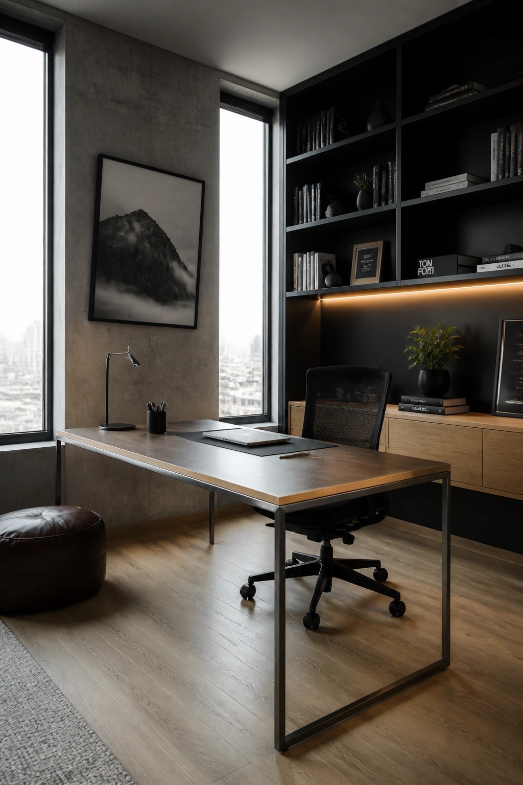 A home office with a long wooden desk, black mesh chair, and tall black built-in shelving unit against a concrete wall with large windows.