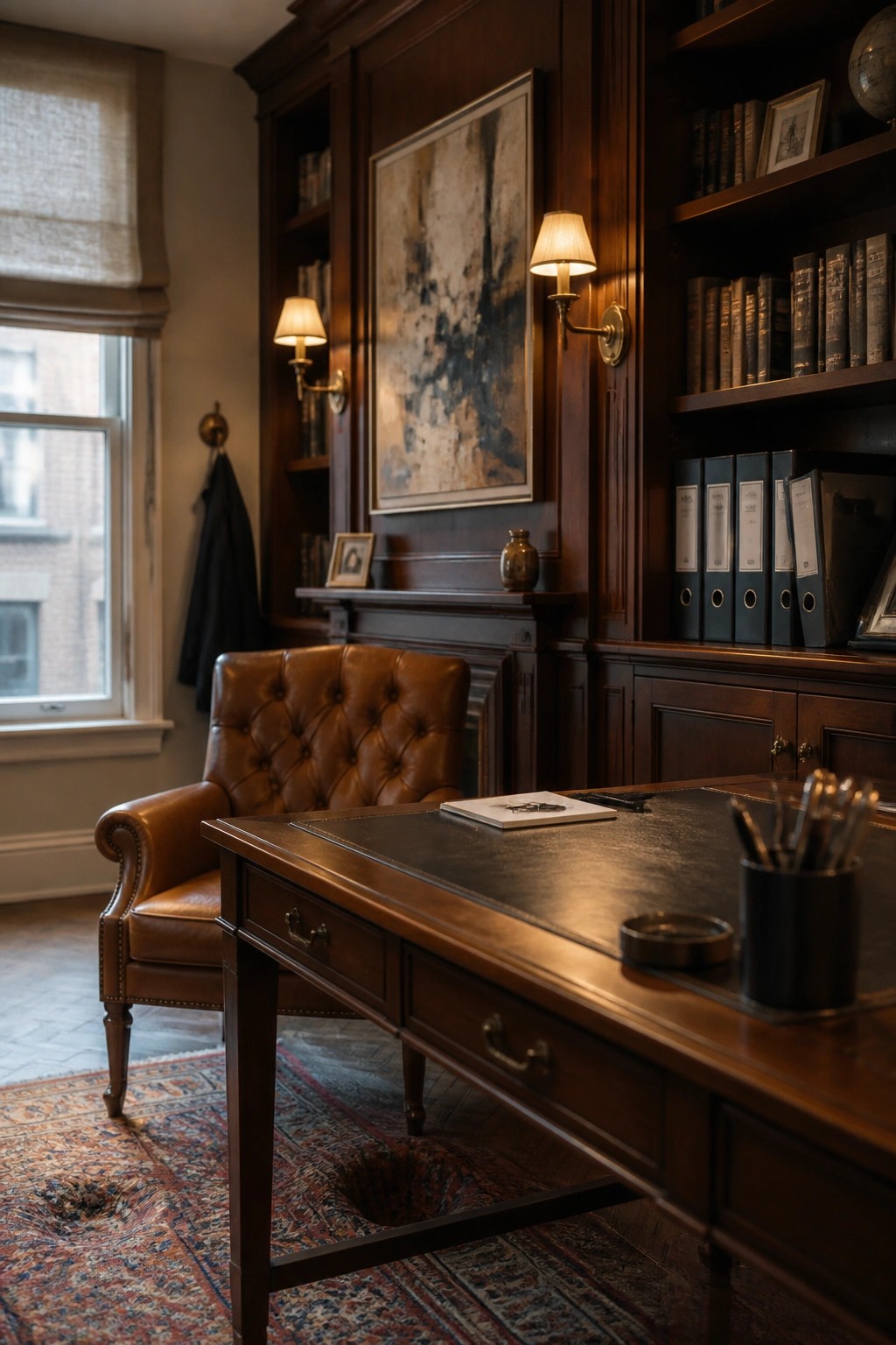 A masculine home office featuring a large wooden desk, brown leather tufted chair, and extensive dark wood built-in bookshelves with books and binders.