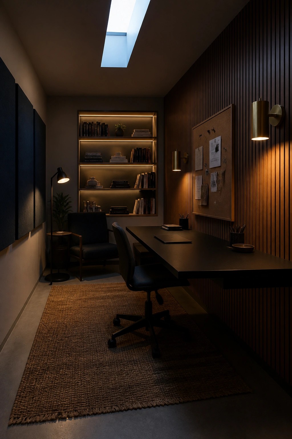 A narrow home office with a dark desk and office chair on a woven rug, built-in bookshelves with warm lighting, and vertical wood paneling on one wall.