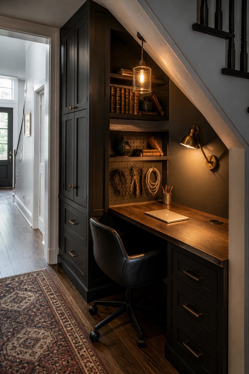 Dark wood desk under stairs with black leather chair, bookshelves, pegboard tools, and warm lights