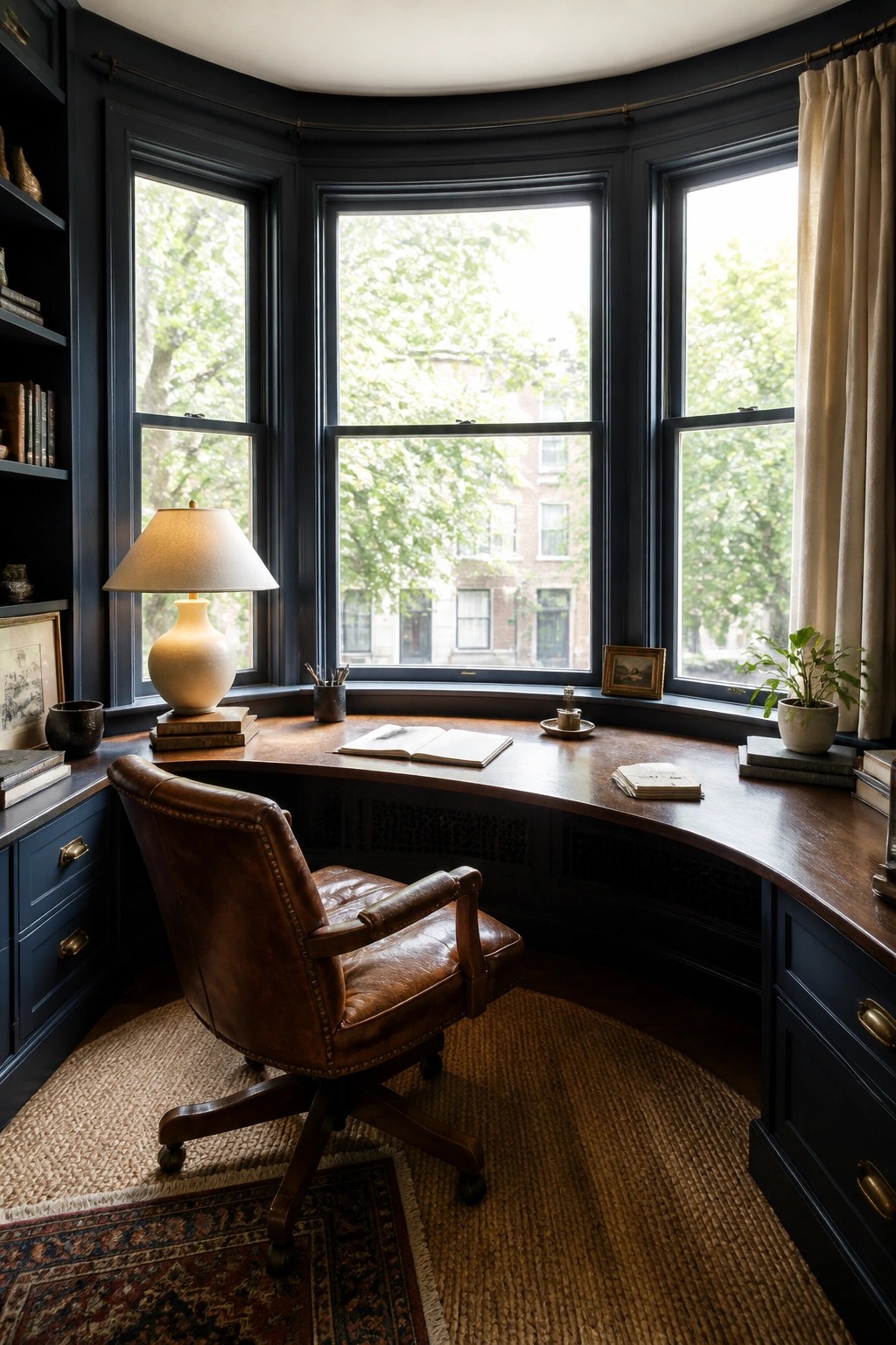 A home office featuring a curved wooden desk set into a bay window with dark blue built-in cabinets, a brown leather swivel chair, and an open book on the desk surface.