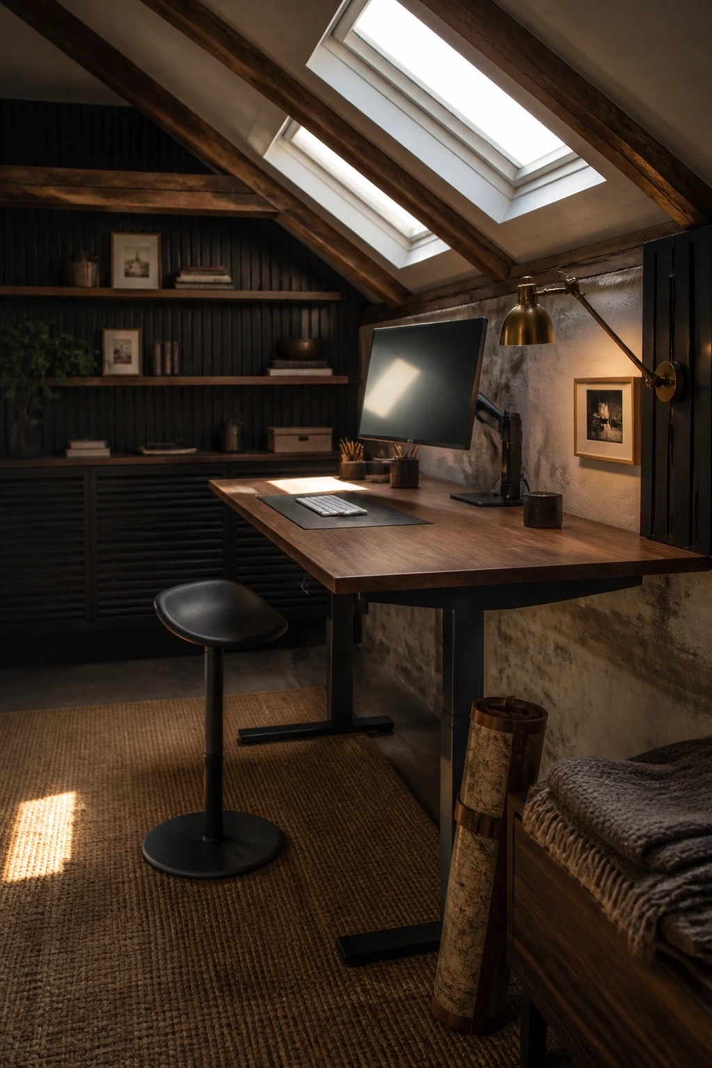 Cozy attic workspace with wooden desk, monitor, stool, lamp, and skylights.