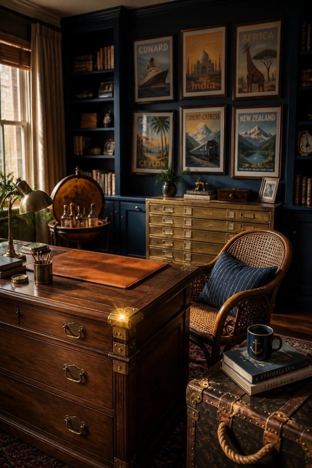 A home office with dark blue walls, a large wooden desk, vintage travel posters, a globe, and a wicker chair.
