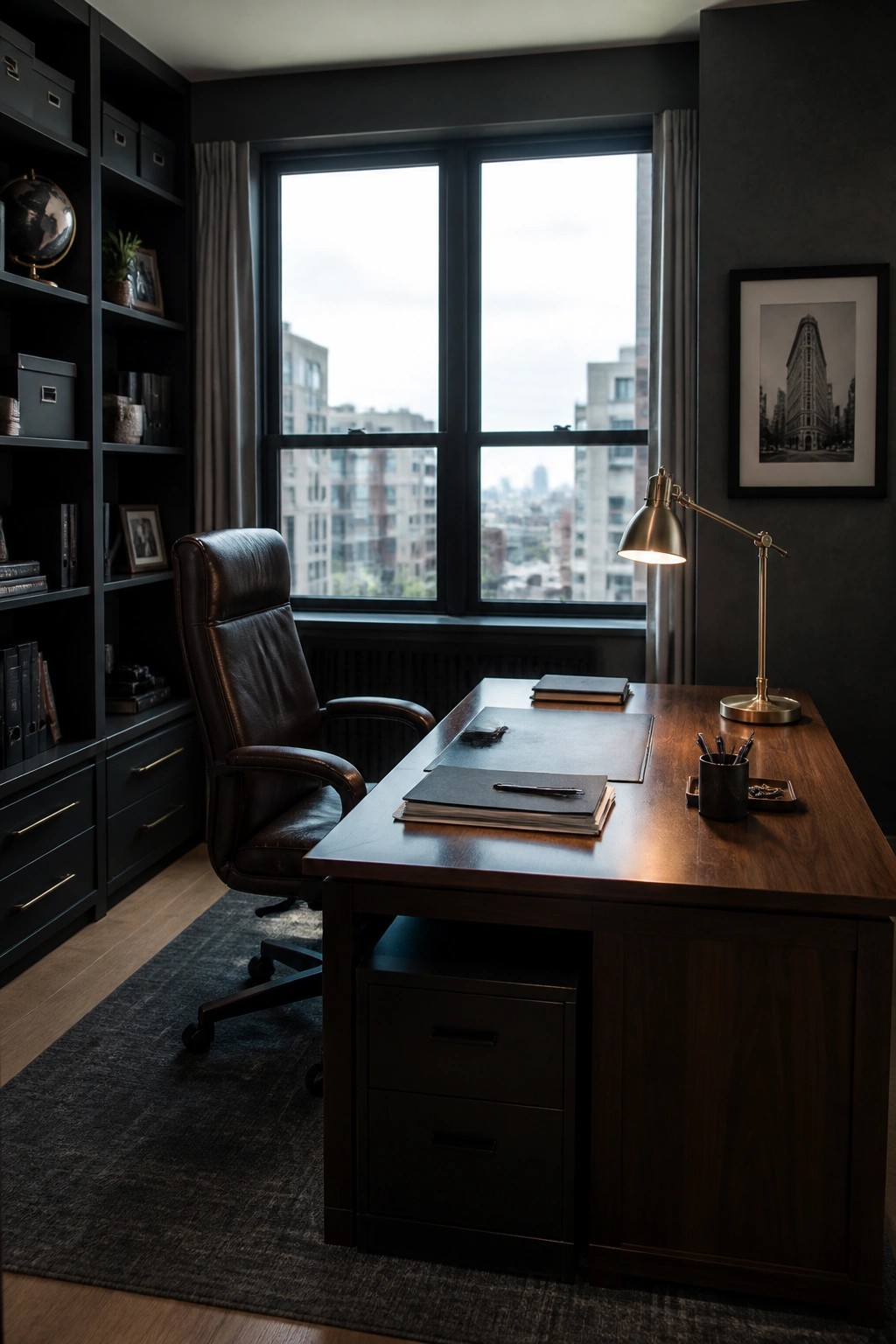 A home office with a large dark wood desk, brown leather chair, built-in black shelving, and a wide window overlooking buildings.
