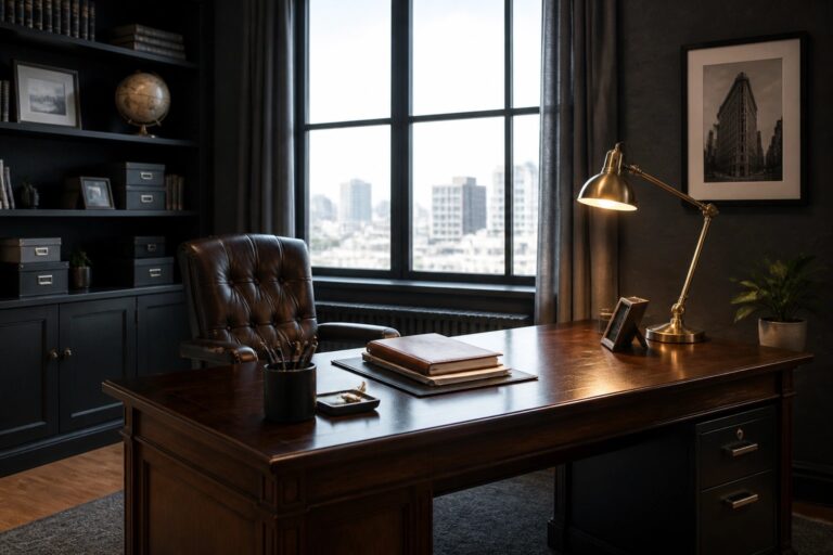21 Professional Masculine Home Office Ideas That Mean Business Daily A home office with a large dark wood desk, brown leather chair, built-in black shelving, and a wide window overlooking buildings.