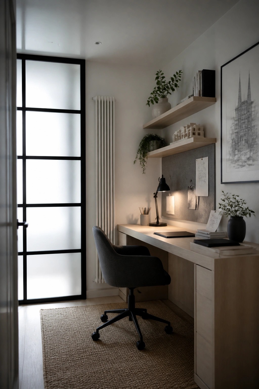 A minimalist home office featuring a light wood desk with floating shelves above it, a gray office chair on a woven rug, and a lit desk lamp next to a frosted glass door.