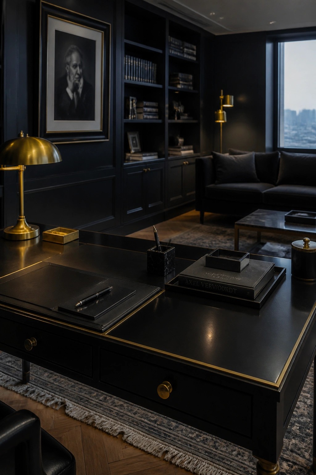 A dark masculine home office featuring a large black desk with gold trim, built-in black bookshelves, and a black sofa beside tall windows.