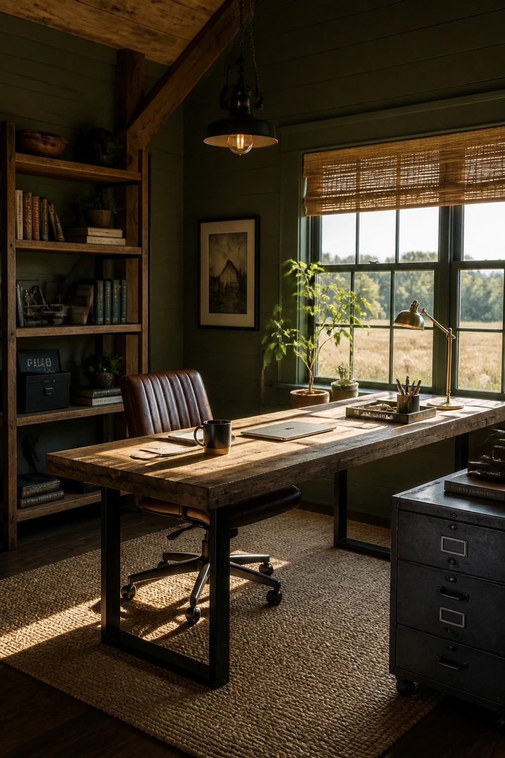 A home office with a large wooden desk on black metal legs, a brown leather office chair, built-in wooden shelves, and a window with a view of a field.