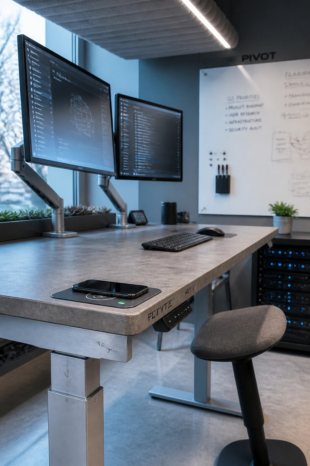 A modern office desk with dual monitors on adjustable arms, a smartphone on a wireless charging pad, a keyboard, and a gray stool in a professional workspace.