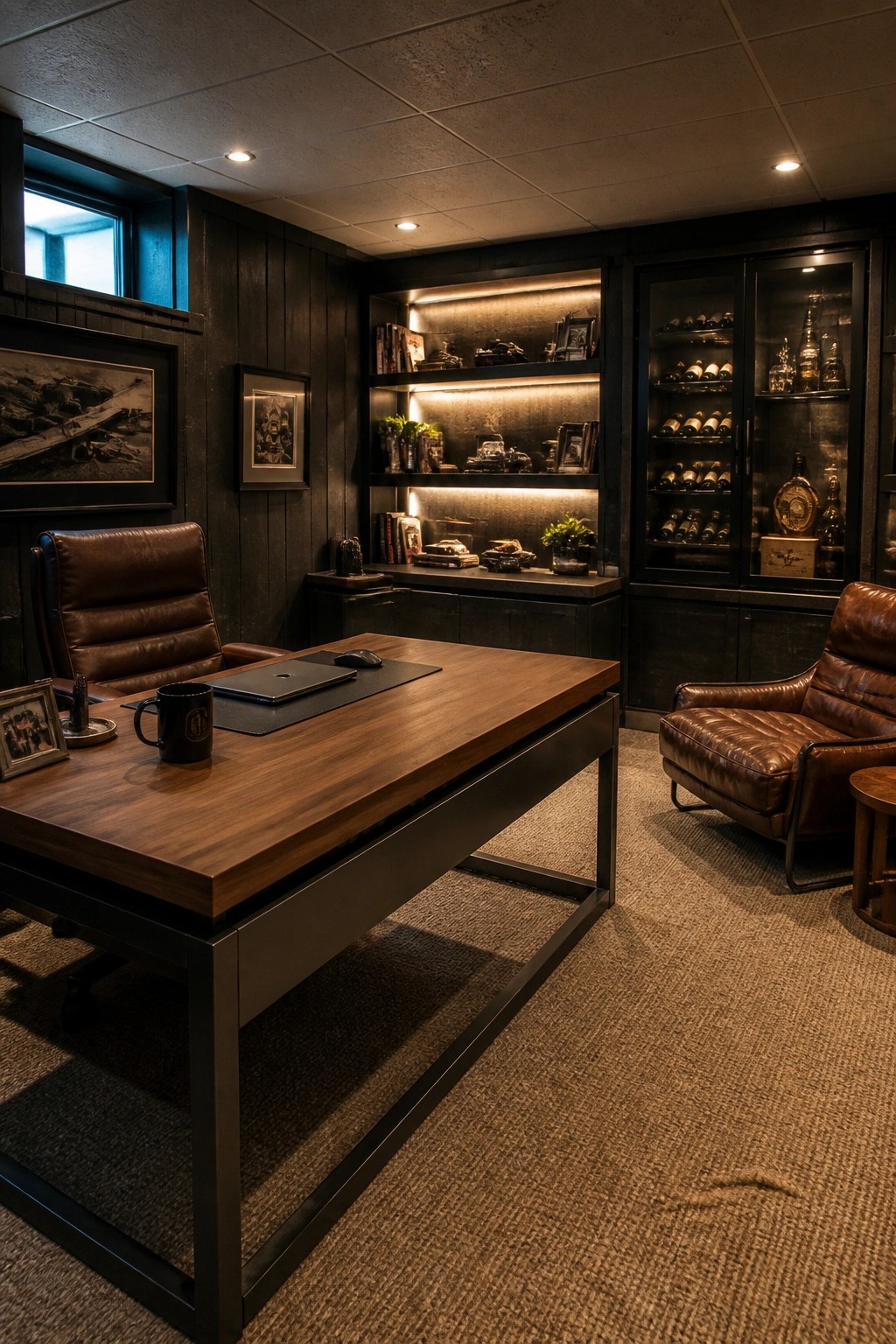 A dark masculine home office with a large wooden desk, brown leather chairs, built-in illuminated shelves, and a glass wine cabinet.