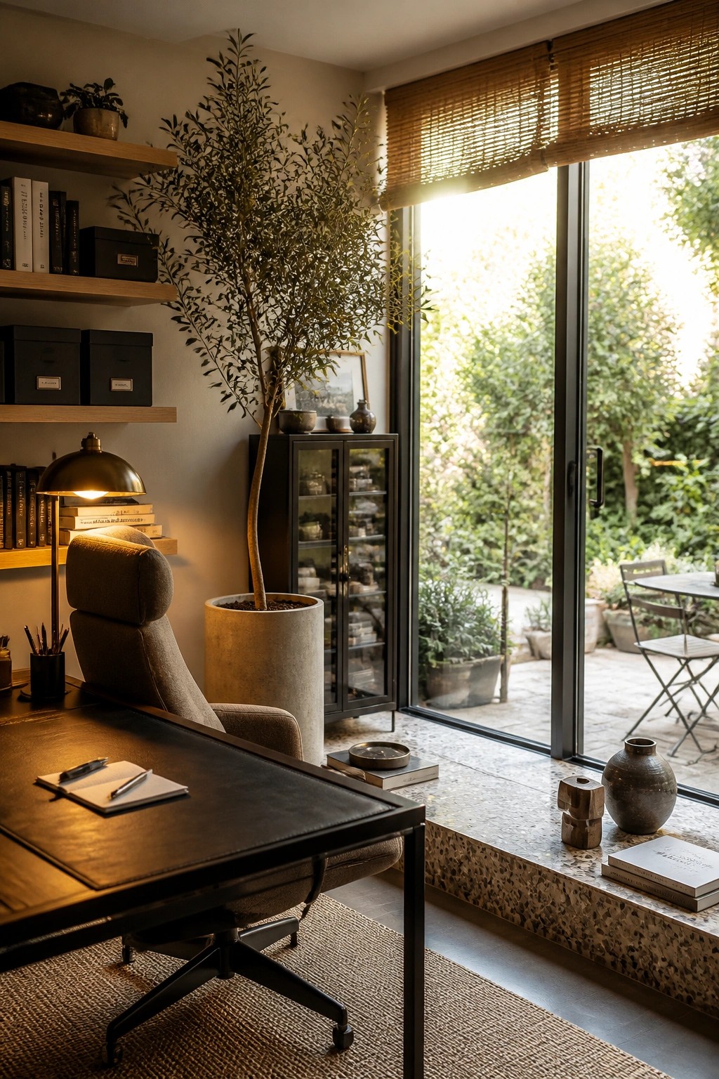 A home office featuring a dark wooden desk, gray swivel chair, wooden floating shelves with books and storage boxes, a tall tree in a concrete pot, a black display cabinet, and large glass doors opening to a garden patio.