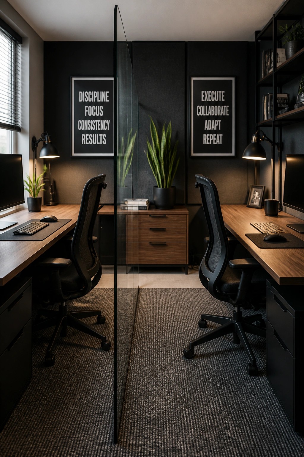 Two identical home office desks with black chairs face away from each other, separated by a tall glass partition on a dark gray rug.