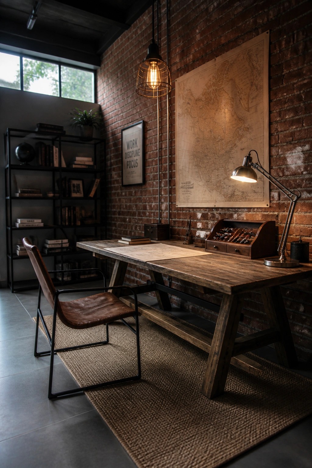 A home office featuring a large wooden desk against a red brick wall, with a brown leather chair, hanging industrial light, and a large map poster.