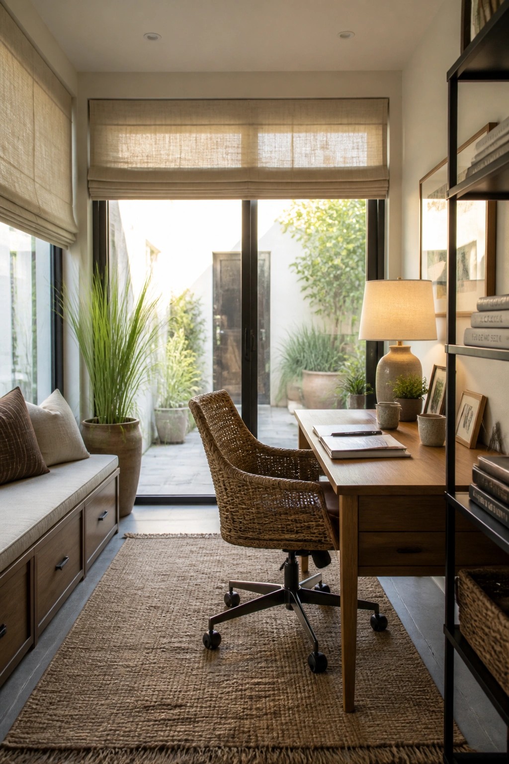 A home office featuring a wooden desk, woven rolling chair on a jute rug, and a large window with rolled-up blinds overlooking an outdoor area.