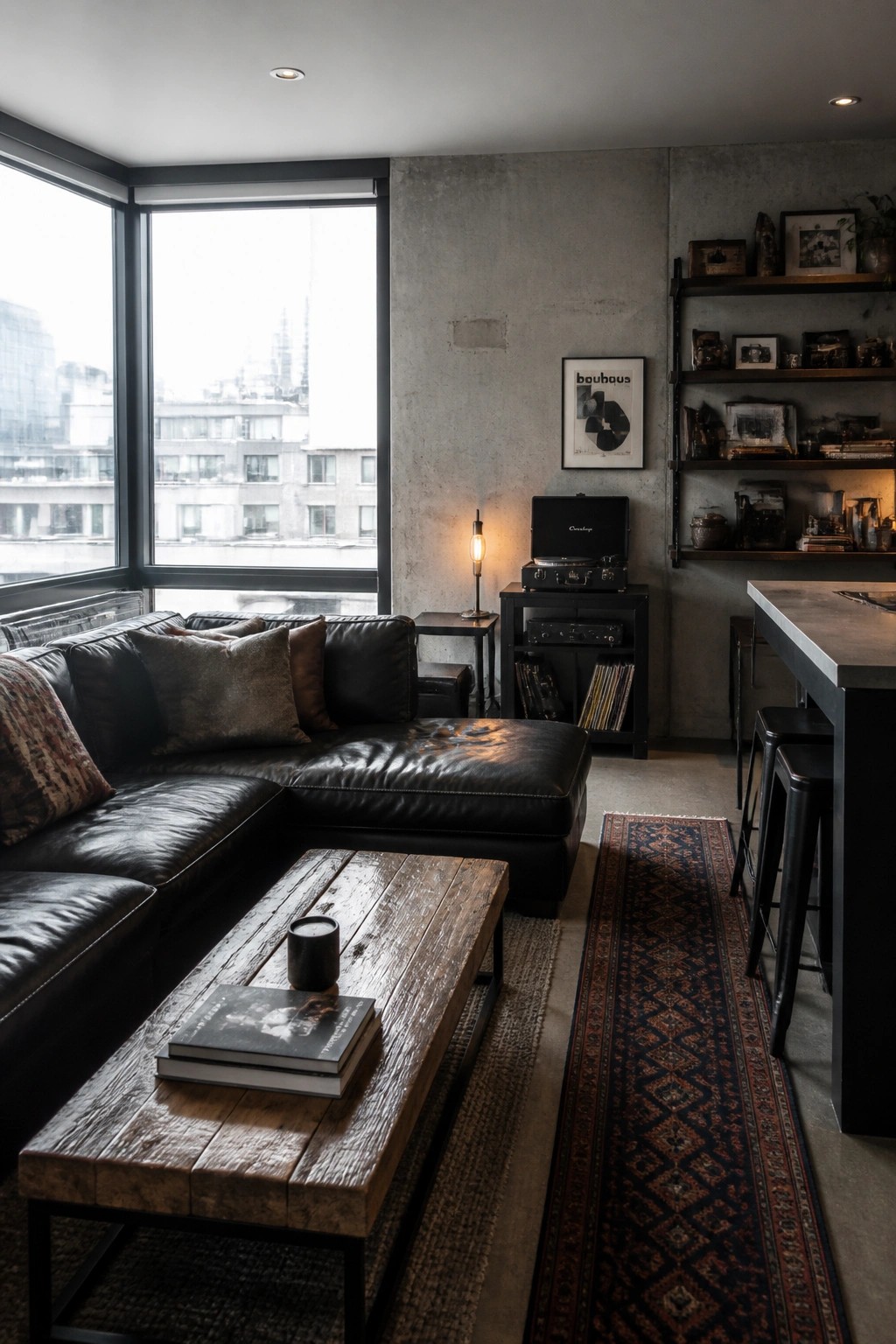 A living room featuring a large black leather sectional sofa, wooden coffee table with books, patterned rug, and record player on a stand beside a concrete wall with open shelving.