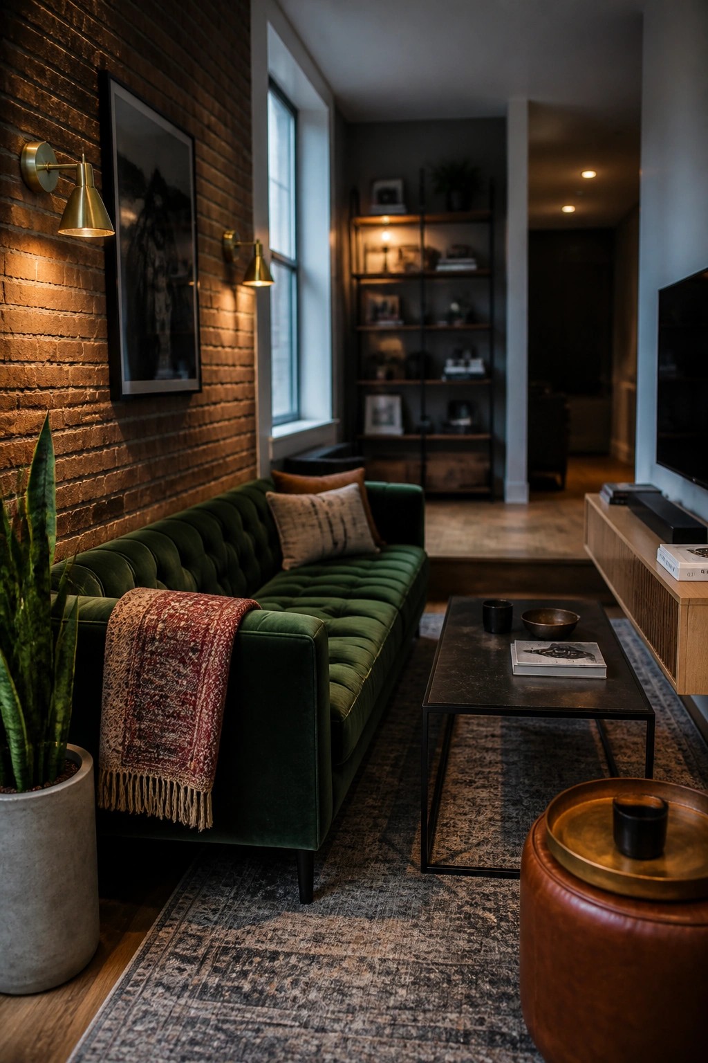 A living room with a green tufted velvet sofa against a brick wall, a black coffee table on a patterned rug, and a brown leather ottoman in the foreground.