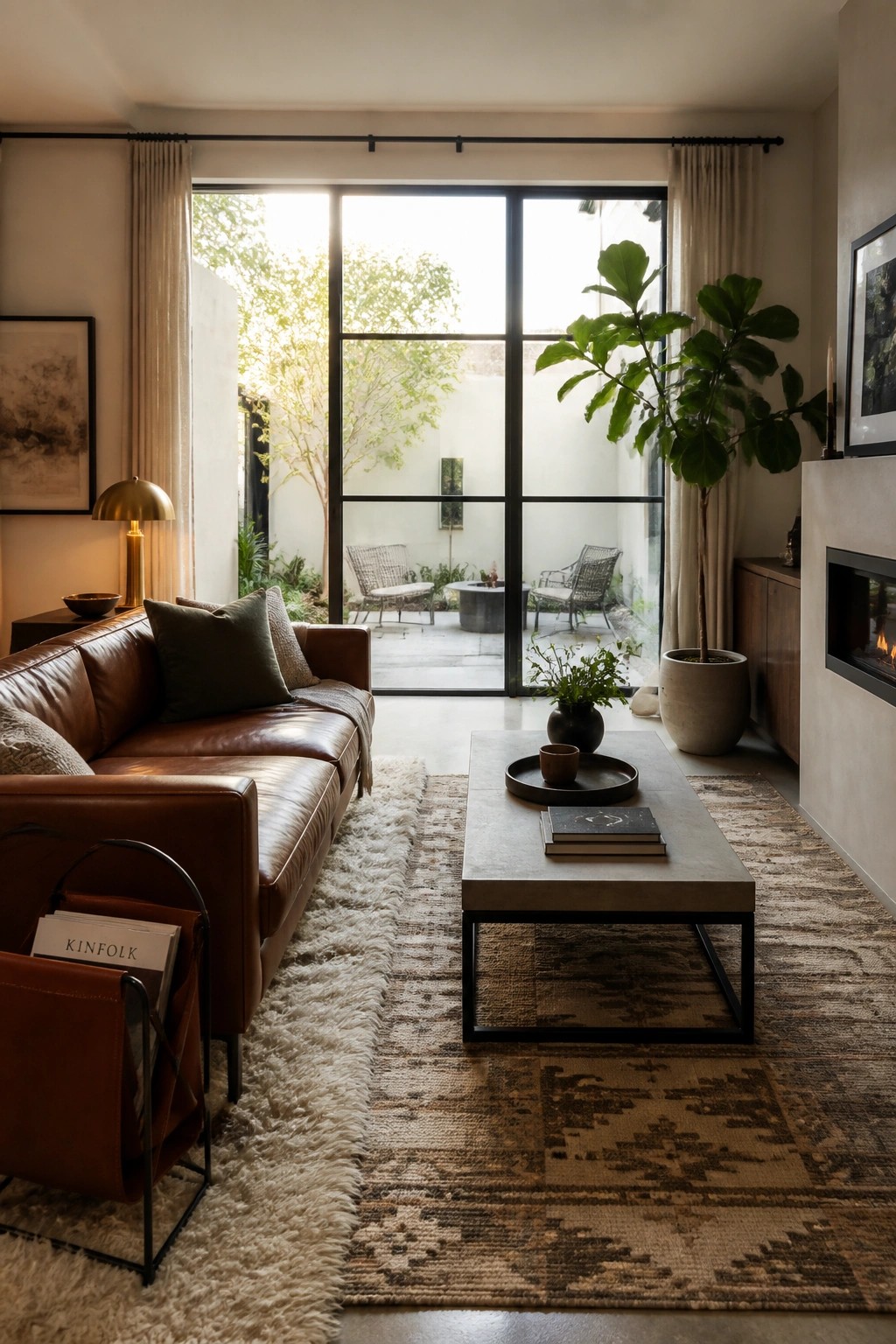 A living room with a brown leather sofa on a shaggy rug, a concrete coffee table, and large glass doors opening to an outdoor patio with chairs and plants.