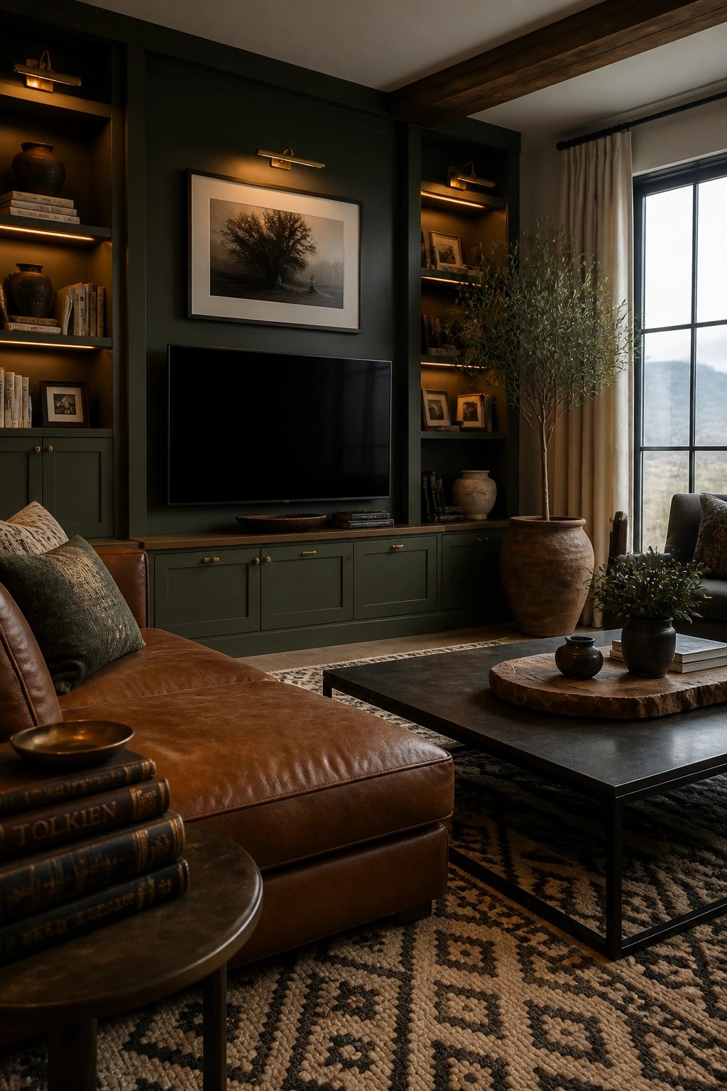 Cozy living room with dark green built-ins, brown leather sofa, and patterned rug.