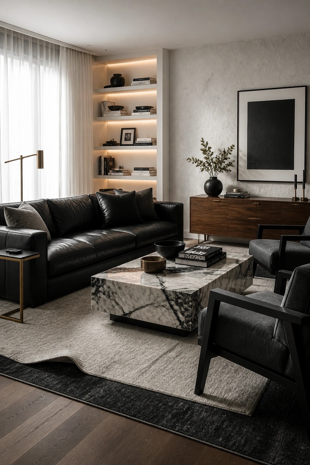 A modern living room with a black leather sofa, marble coffee table, built-in illuminated shelves, dark wood console, and gray rug.